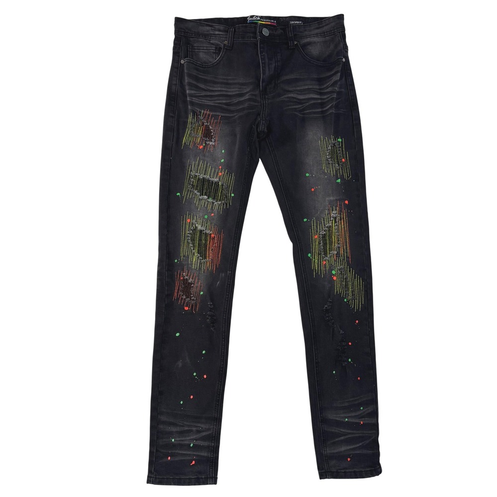 Switch Remarkable Men's Slim Taper Fit Jeans Blk Distressed Paint Splatter 32x32